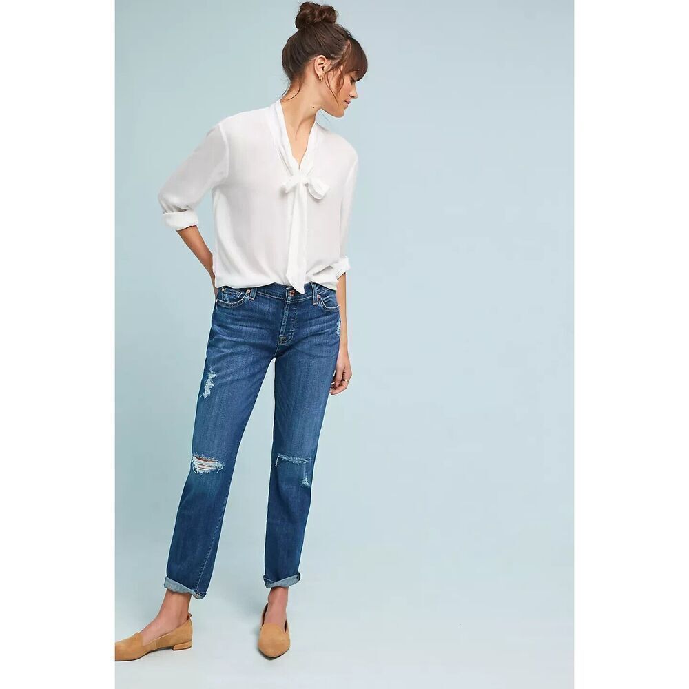 7 For All Mankind Josefina Skinny Boyfriend Jean Women's 25 Dark Blue Distressed